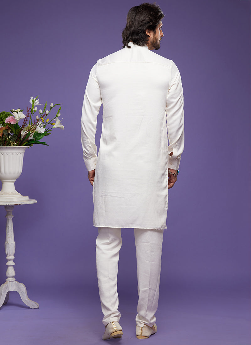 Cream Art Banarasi Silk Tradional Wear Thread Work Kurta Pajama 325879