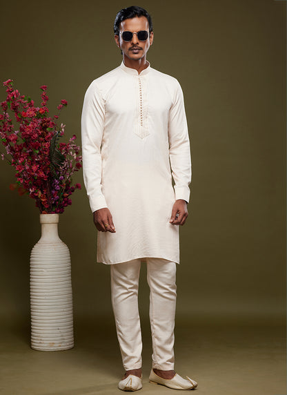 Cream Art Banarasi Silk Tradional Wear Thread Work Kurta Pajama 325880