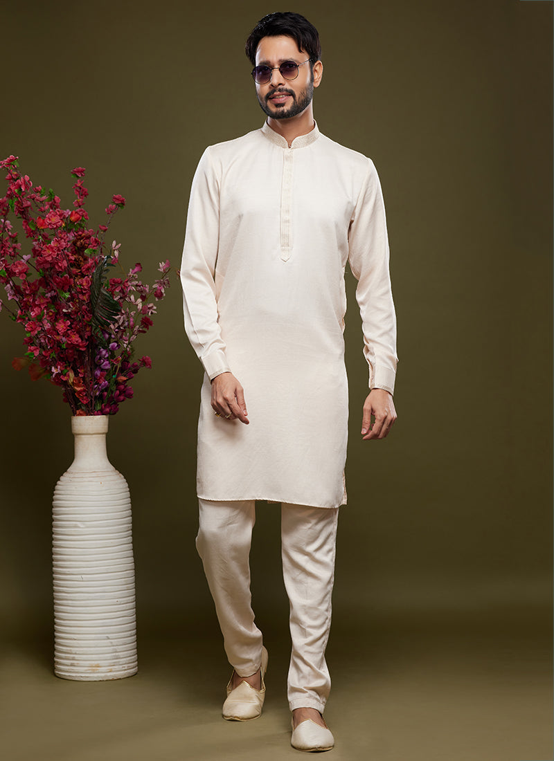 Cream Art Banarasi Silk Tradional Wear Thread Work Kurta Pajama 325881