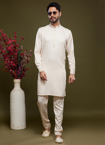 Cream Art Banarasi Silk Tradional Wear Thread Work Kurta Pajama 325881