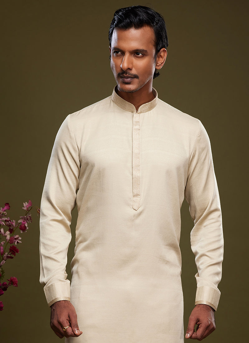 Cream Art Banarasi Silk Tradional Wear Thread Work Kurta Pajama 325882