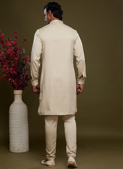 Cream Art Banarasi Silk Tradional Wear Thread Work Kurta Pajama 325882