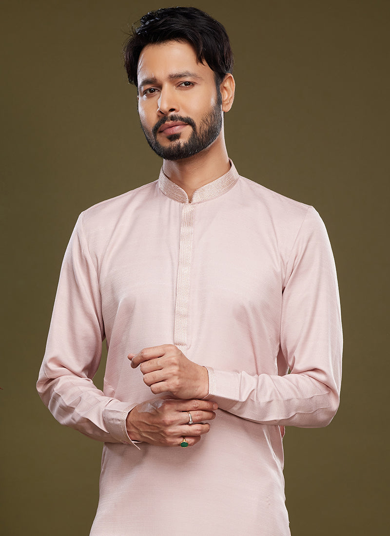 Pink Art Banarasi Silk Tradional Wear Thread Work Kurta Pajama 325884