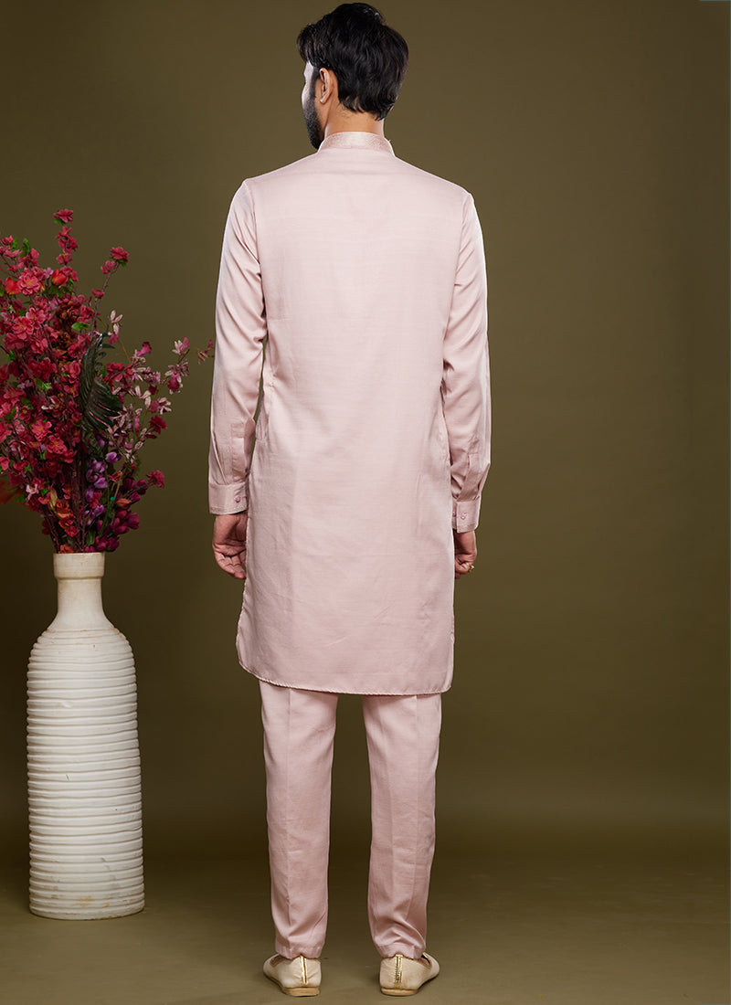 Pink Art Banarasi Silk Tradional Wear Thread Work Kurta Pajama 325884