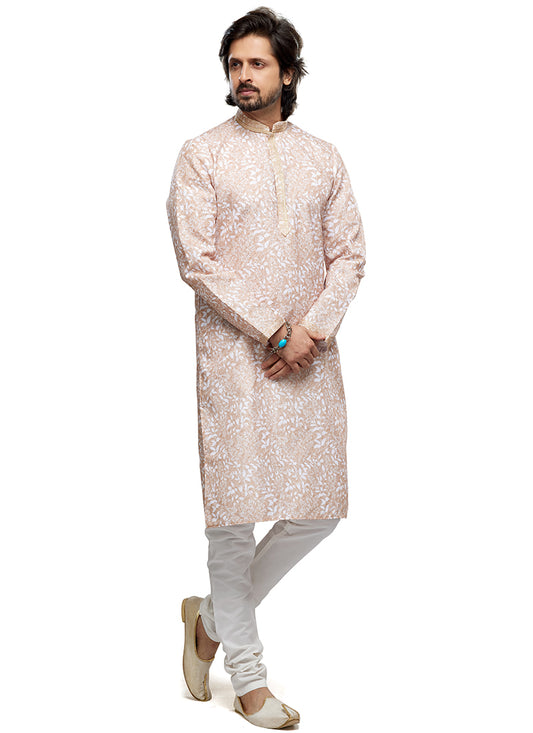 Light Peach Cotton Party Wear Thread Work Readymade Mens Kurta Pajama 338248