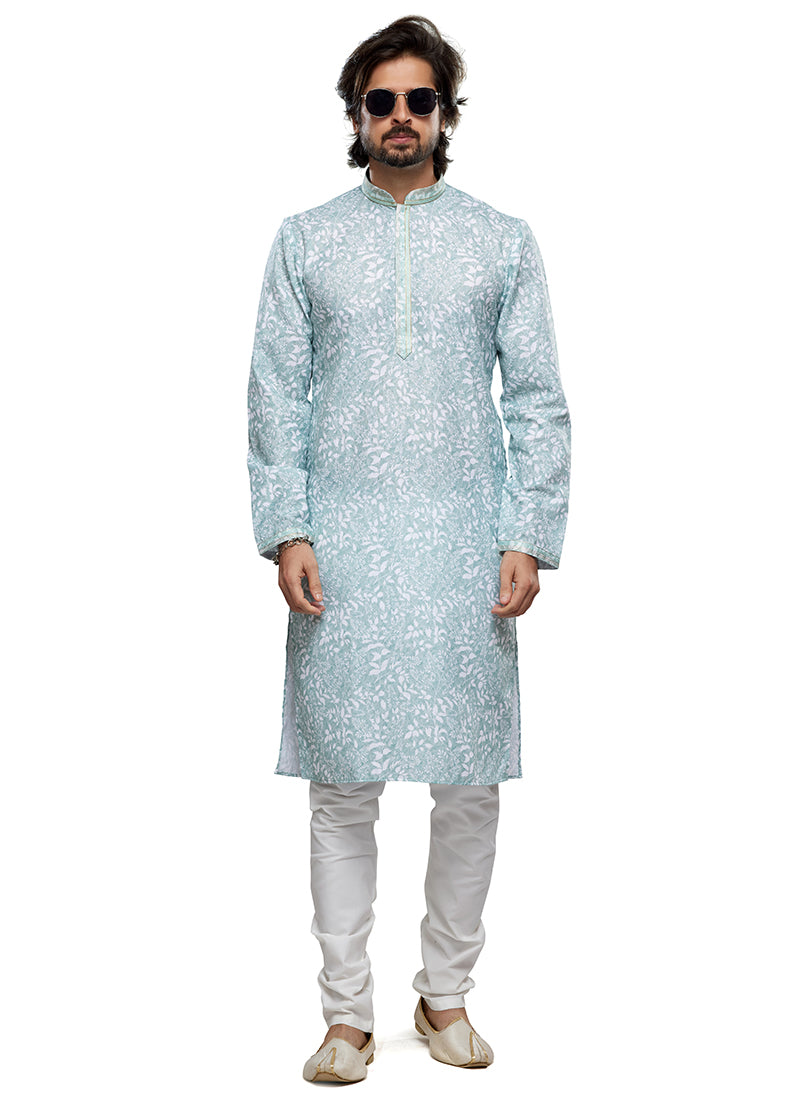 Sky Blue Cotton Party Wear Thread Work Readymade Mens Kurta Pajama 338249