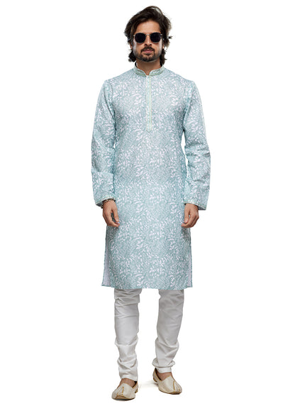 Sky Blue Cotton Party Wear Thread Work Readymade Mens Kurta Pajama 338249