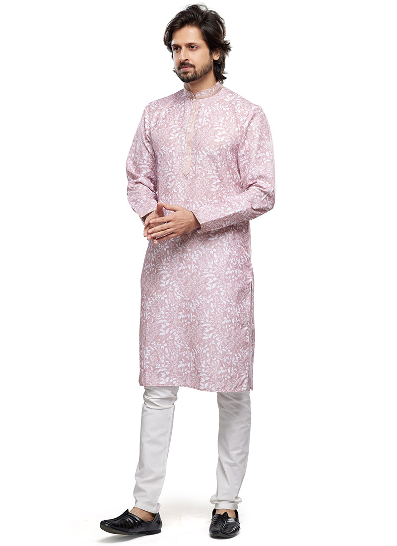 Pink Cotton Party Wear Thread Work Readymade Mens Kurta Pajama 338250