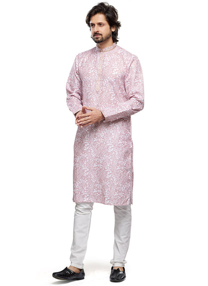 Pink Cotton Party Wear Thread Work Readymade Mens Kurta Pajama 338250