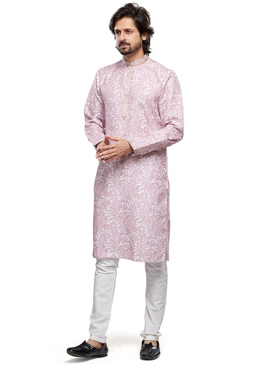Pink Cotton Party Wear Thread Work Readymade Mens Kurta Pajama 338250
