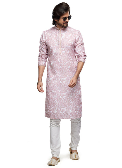 Pink Cotton Party Wear Thread Work Readymade Mens Kurta Pajama 338250