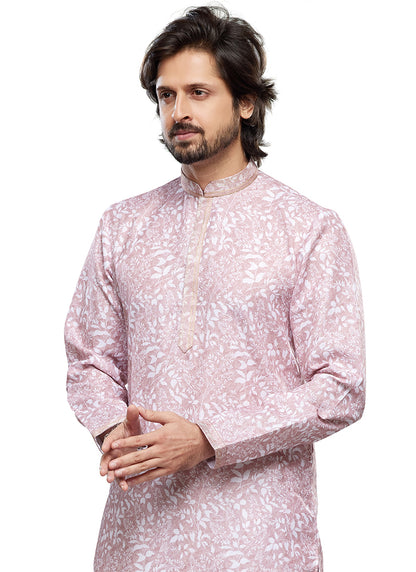 Pink Cotton Party Wear Thread Work Readymade Mens Kurta Pajama 338250