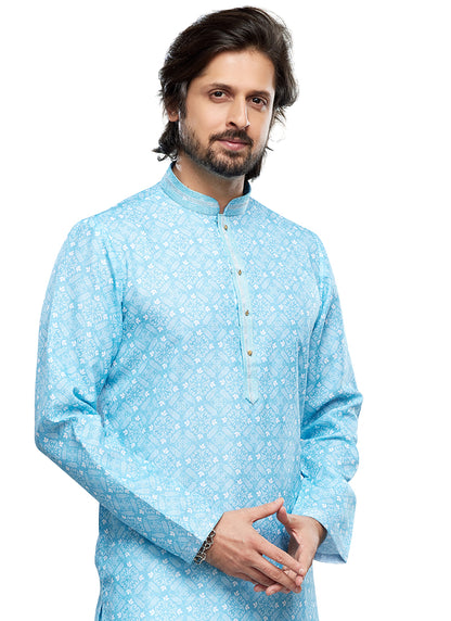 Sky Blue Cotton Party Wear Thread Work Readymade Mens Kurta Pajama 338252