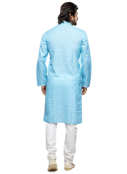 Sky Blue Cotton Party Wear Thread Work Readymade Mens Kurta Pajama 338252