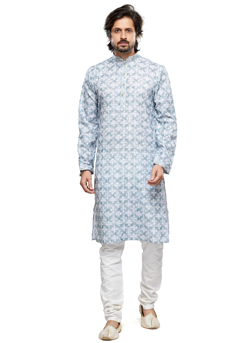 Sky Blue Cotton Party Wear Thread Work Readymade Mens Kurta Pajama 338254