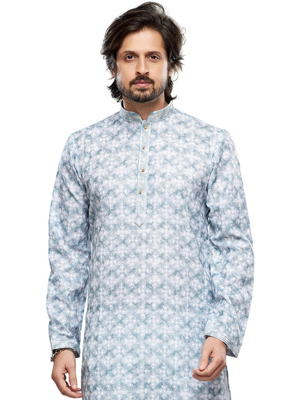 Sky Blue Cotton Party Wear Thread Work Readymade Mens Kurta Pajama 338254