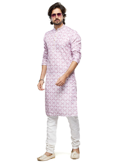 Light Pink Cotton Party Wear Thread Work Readymade Mens Kurta Pajama 338255