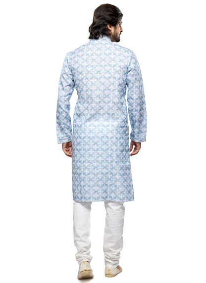 Sky Blue Cotton Party Wear Thread Work Readymade Mens Kurta Pajama 338256