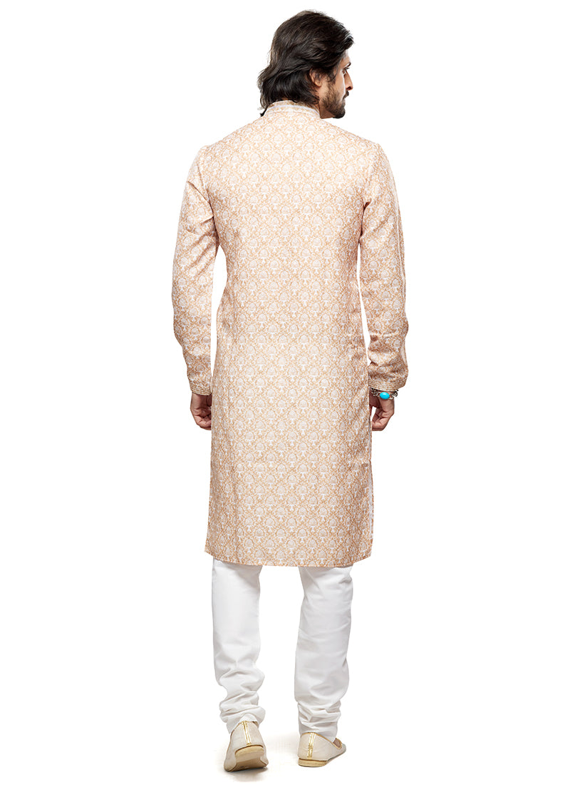 Yellow Cotton Party Wear Thread Work Readymade Mens Kurta Pajama 338257