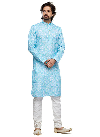 Sky Blue Cotton Party Wear Thread Work Readymade Mens Kurta Pajama 338258