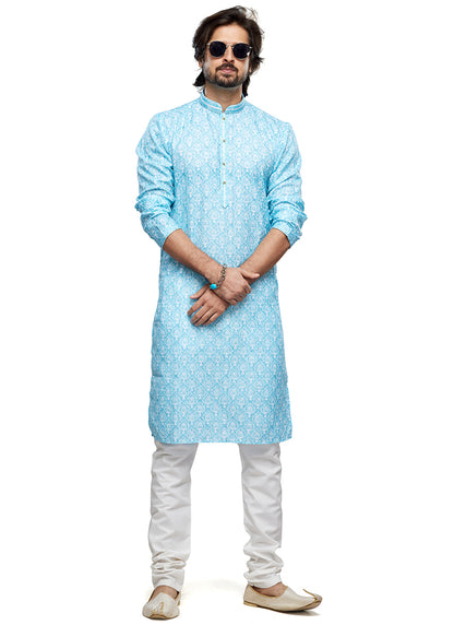 Sky Blue Cotton Party Wear Thread Work Readymade Mens Kurta Pajama 338258