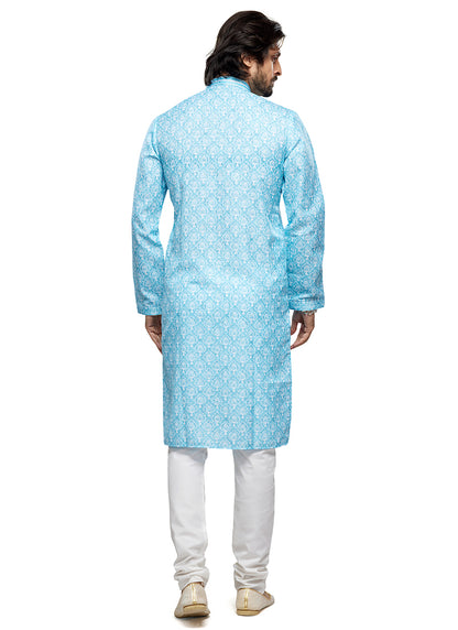 Sky Blue Cotton Party Wear Thread Work Readymade Mens Kurta Pajama 338258