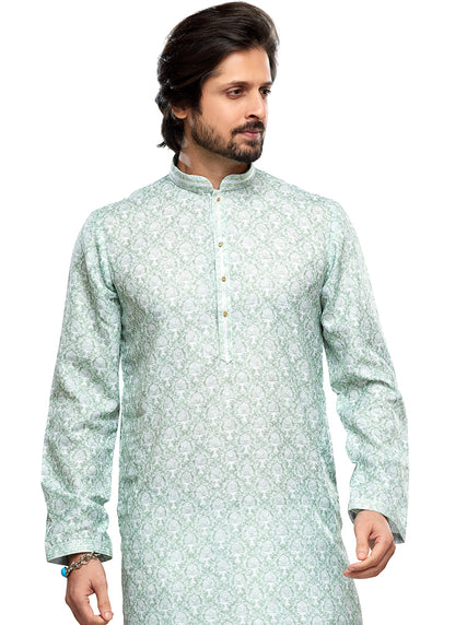 Light Green Cotton Party Wear Thread Work Readymade Mens Kurta Pajama 338259