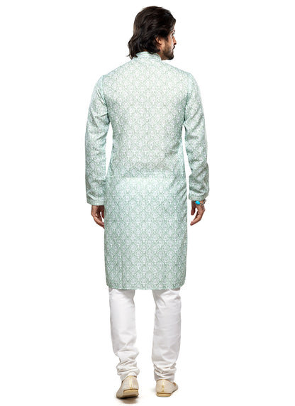 Light Green Cotton Party Wear Thread Work Readymade Mens Kurta Pajama 338259