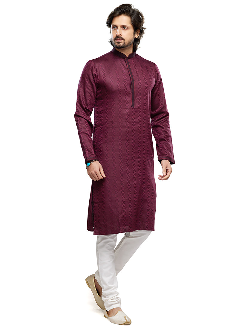Wine Art Silk Party Wear Thread Work Readymade Mens Kurta Pajama 338261