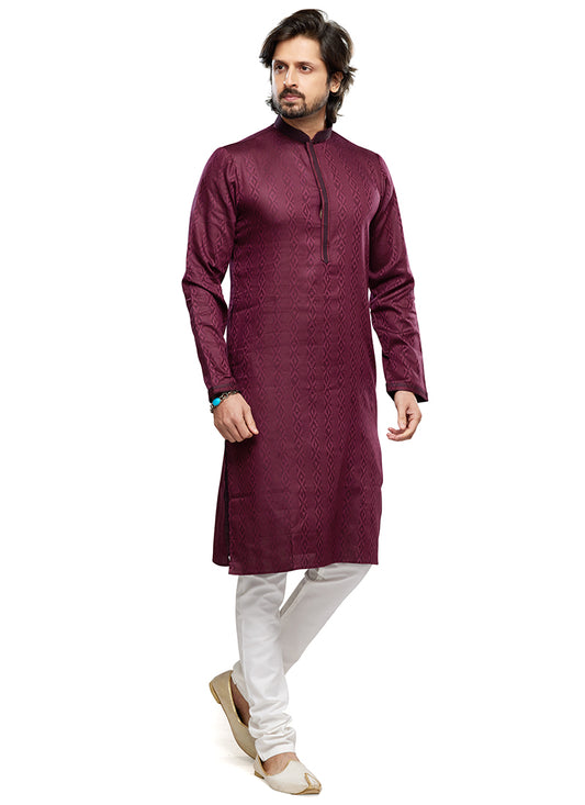 Wine Art Silk Party Wear Thread Work Readymade Mens Kurta Pajama 338261