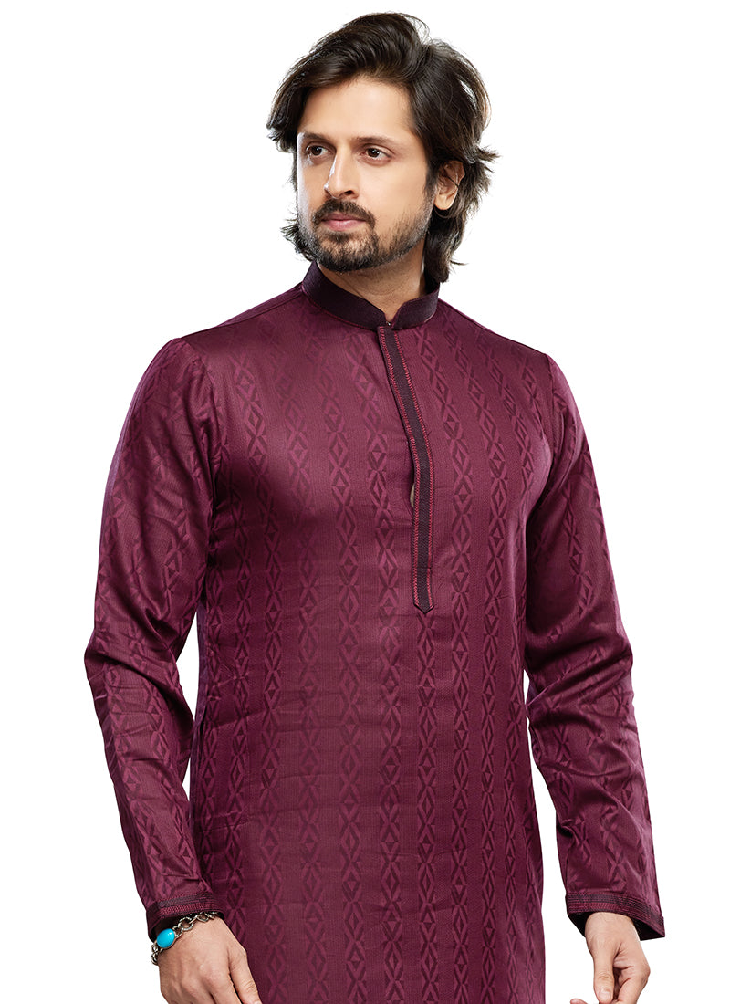 Wine Art Silk Party Wear Thread Work Readymade Mens Kurta Pajama 338261