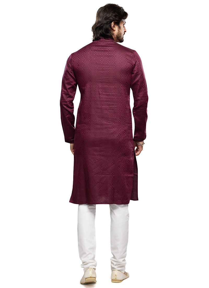 Wine Art Silk Party Wear Thread Work Readymade Mens Kurta Pajama 338261