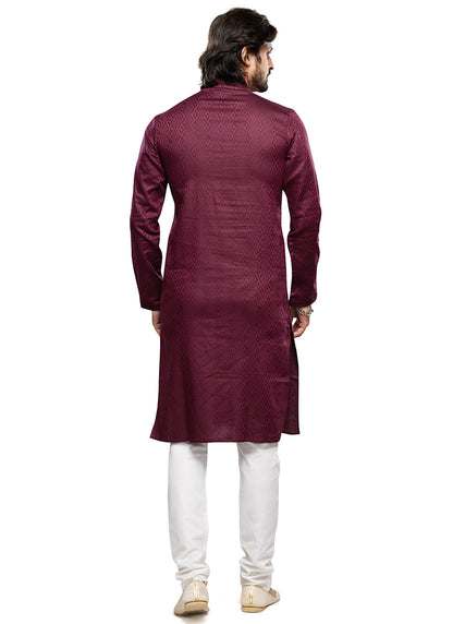 Wine Art Silk Party Wear Thread Work Readymade Mens Kurta Pajama 338261