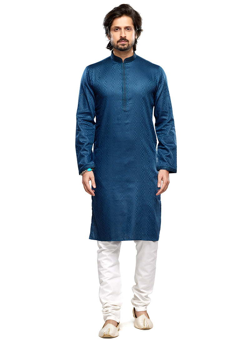 Blue Art Silk Party Wear Thread Work Readymade Mens Kurta Pajama 338262