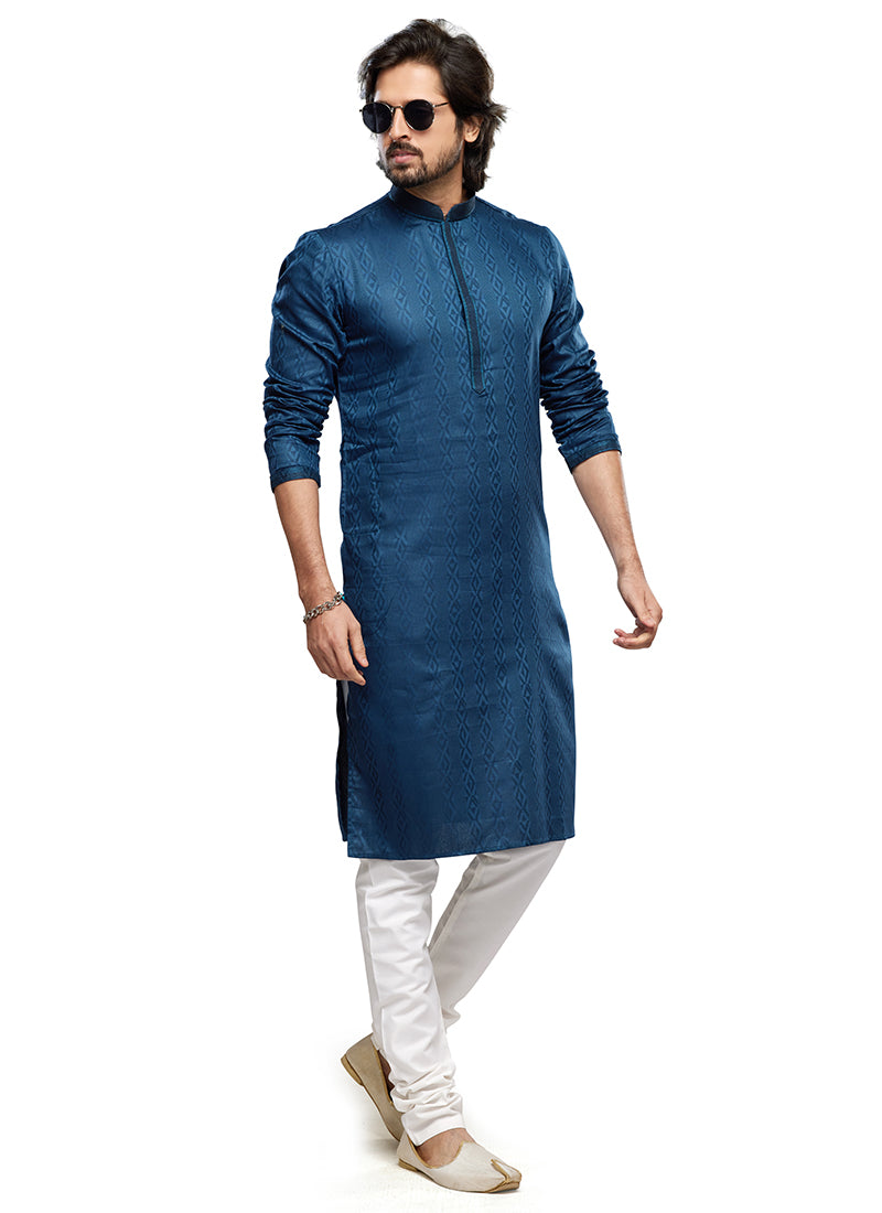 Blue Art Silk Party Wear Thread Work Readymade Mens Kurta Pajama 338262