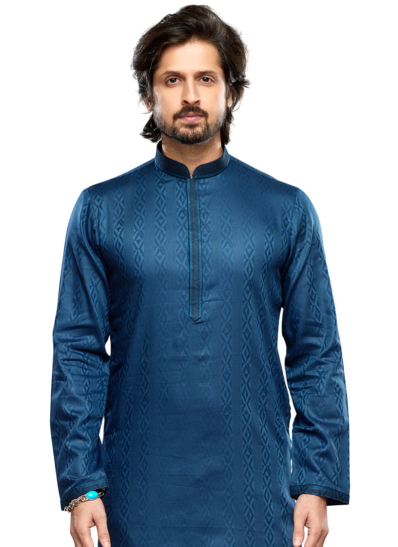 Blue Art Silk Party Wear Thread Work Readymade Mens Kurta Pajama 338262