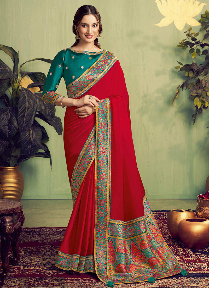 Satin Red Wedding Wear Embroidery Work Saree 387116