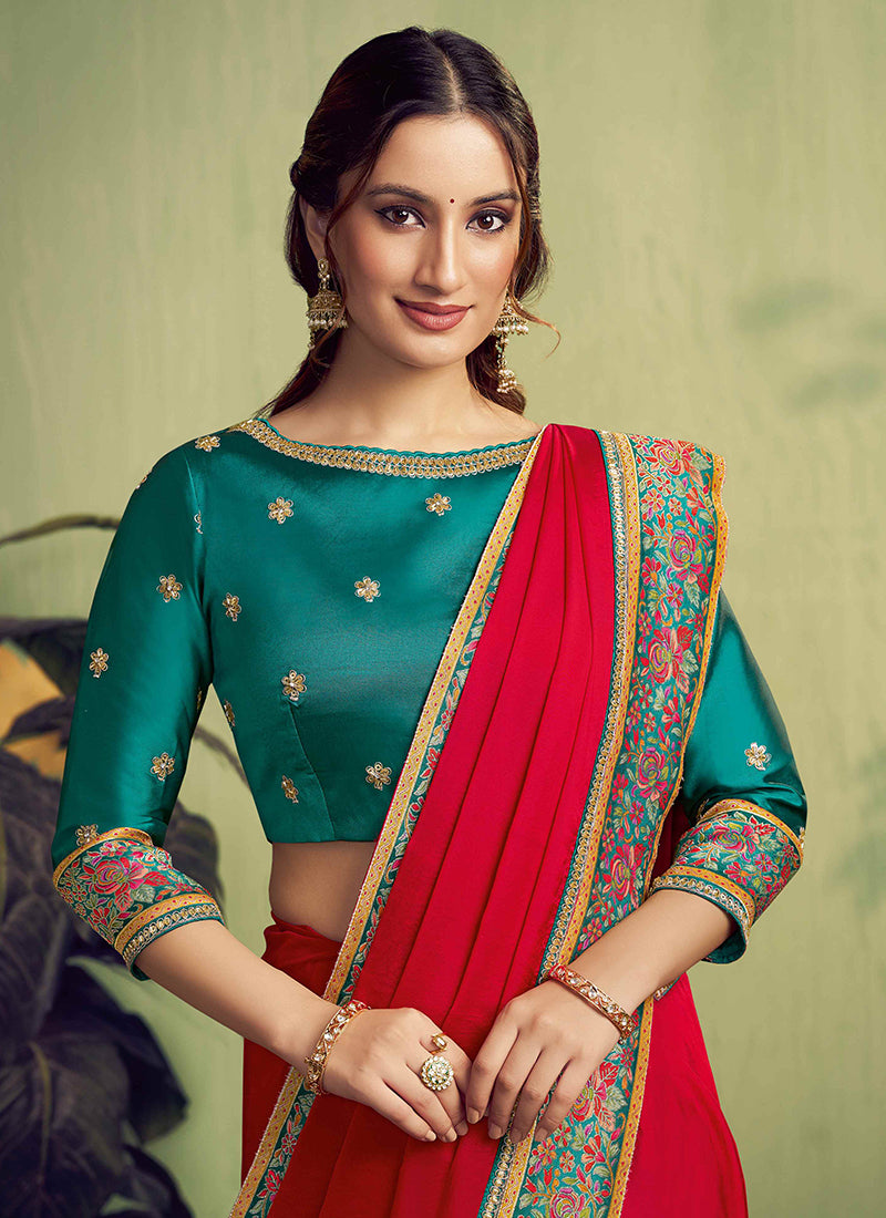 Satin Red Wedding Wear Embroidery Work Saree 387116