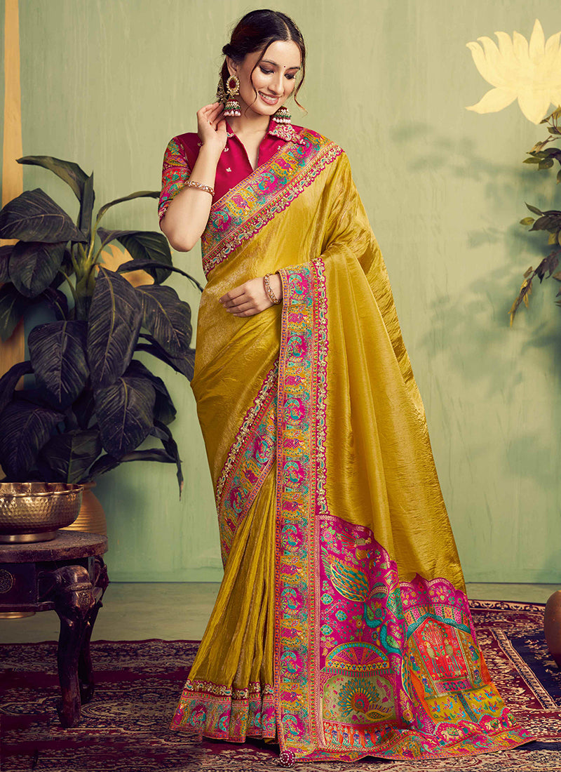 Silk Yellow Wedding Wear Embroidery Work Saree 387117
