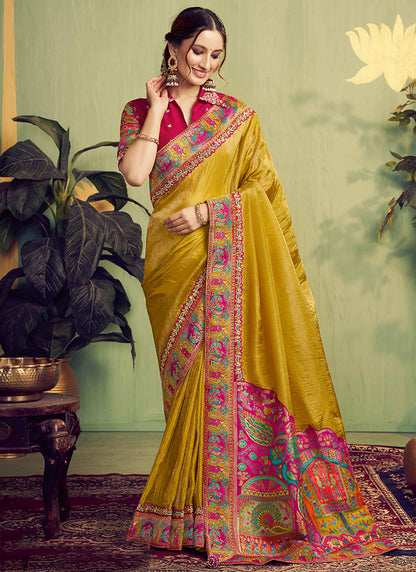 Silk Yellow Wedding Wear Embroidery Work Saree 387117