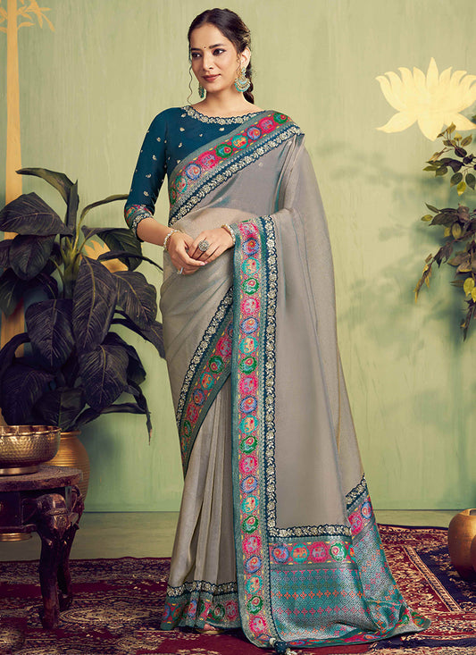 Silk Silver Strom Wedding Wear Embroidery Work Saree 387118