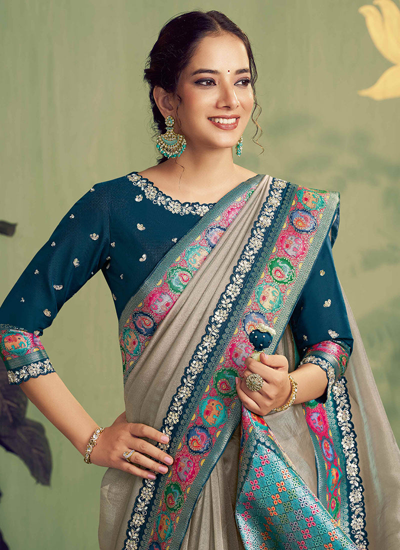 Silk Silver Strom Wedding Wear Embroidery Work Saree 387118