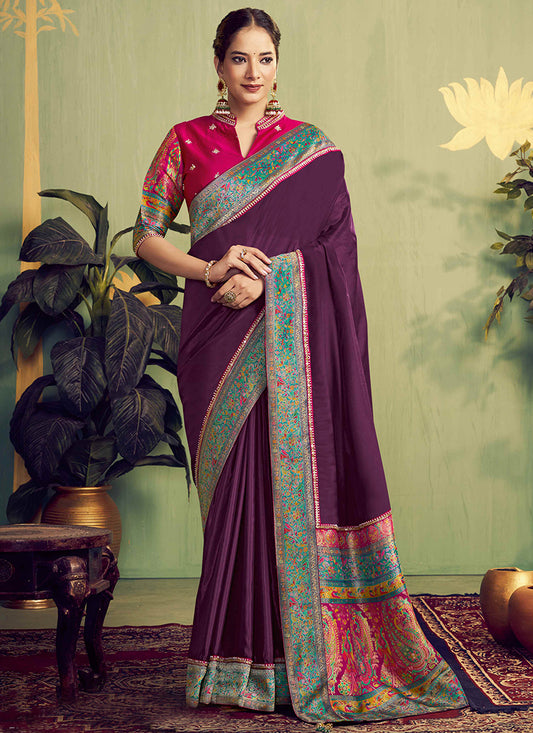 Silk Wine Wedding Wear Embroidery Work Saree 387119