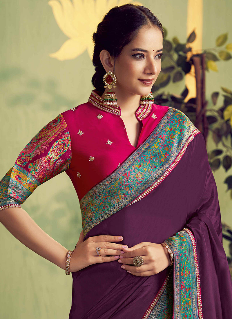 Silk Wine Wedding Wear Embroidery Work Saree 387119