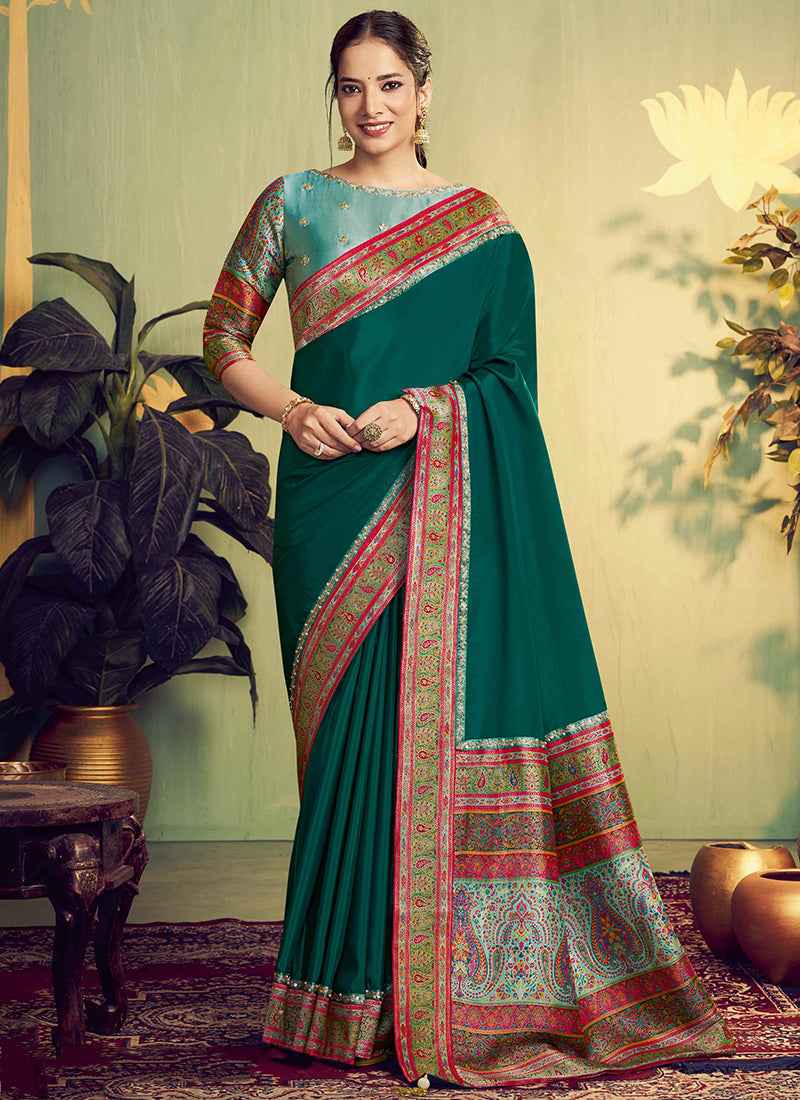 Silk Teal Green Wedding Wear Embroidery Work Saree 387120