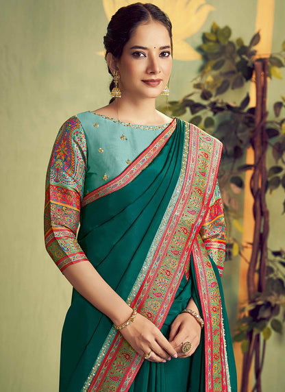Silk Teal Green Wedding Wear Embroidery Work Saree 387120