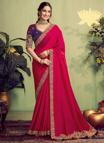 Satin Hot Pink Wedding Wear Embroidery Work Saree 387121