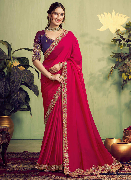 Satin Hot Pink Wedding Wear Embroidery Work Saree 387121
