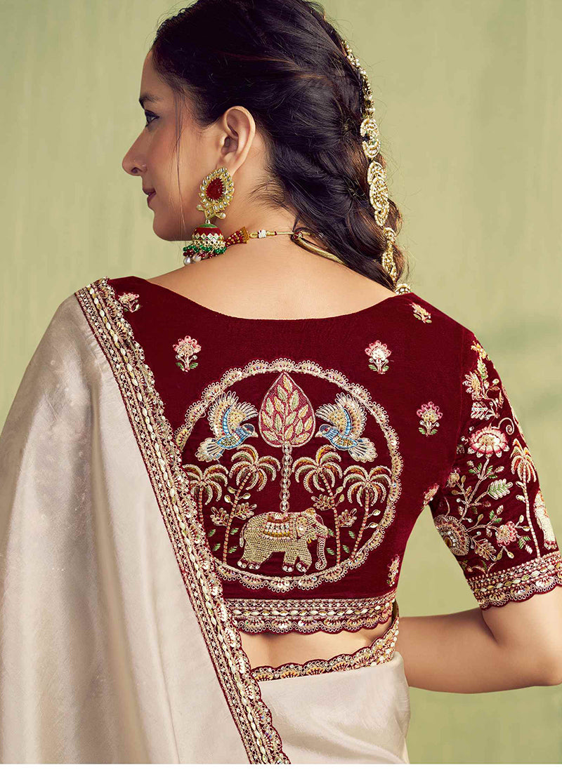 Silk Beige Wedding Wear Embroidery Work Saree 387122