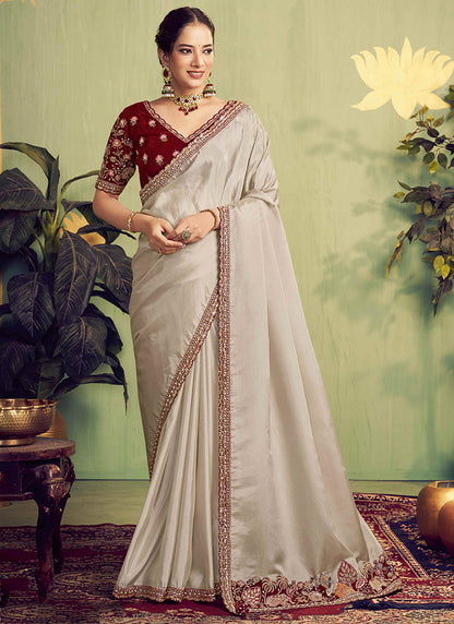 Silk Beige Wedding Wear Embroidery Work Saree 387122